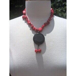Handcrafted Red Coral Necklace Black Tassel Statement Tribal Boho Festival 18"